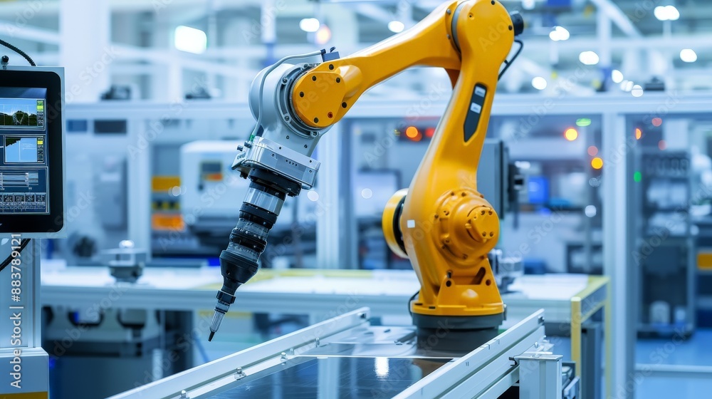 Poster a state-of-the-art robotic arm performing precise tasks in a high-tech manufacturing lab, surrounded