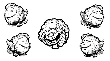 Outline hand drawn set of vegetables. Cabbage, broccoli, cauliflower, Chinese cabbage and Brussels sprouts.vector collection of cabbage silhouettes

