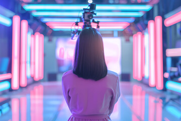 A young female journalist is standing in a brightly lit room