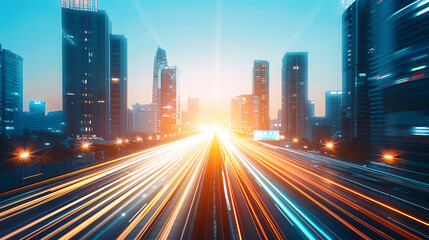 Fototapeta premium A long exposure shot of a busy city street at night. The lights from the cars and buildings create a sense of speed and energy. The city is a blur of color and light.