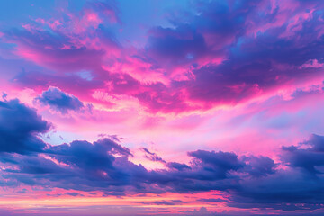 A stunning sunset with vivid pink and purple clouds filling the sky, creating a breathtaking natural landscape scene.