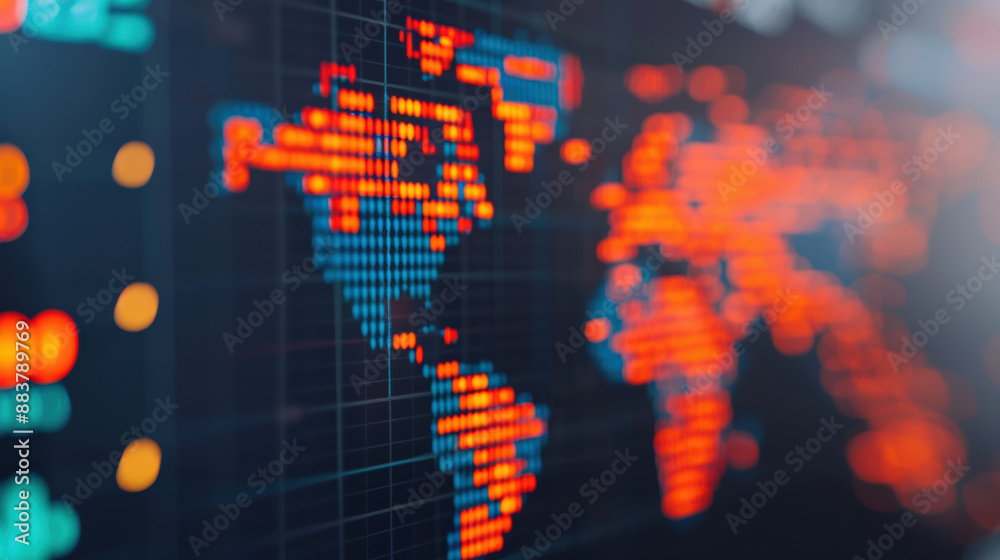 Poster digital world map with glowing data points representing global connections and technology networks o