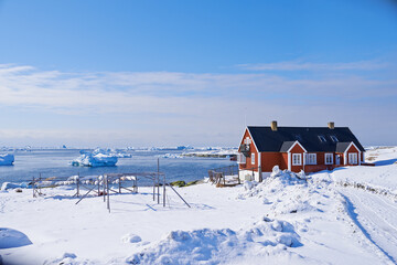 Lake, landscape or village with snow for travel or holiday, cold climate or ice in countryside. Environment, river or winter location for vacation in Switzerland with urban buildings, peace or calm