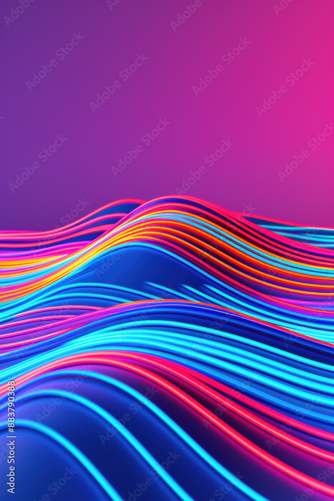 Poster vibrant digital of colorful, curved lines creating a dynamic wave pattern on a gradient pink and pur