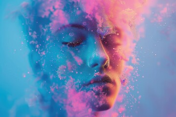 Dissolving Portrait A portrait dissolving into a cascade of neon pastel particles, capturing the impermanence of beauty