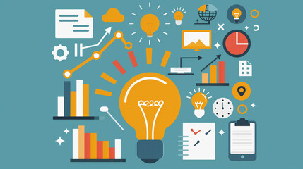 Startup vector illustration with business and IT industry themes, light bulb idea, illustration of infographics