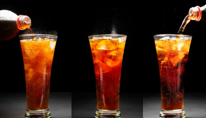 Set of black soft drinks. Close-up of pouring soft drinks with ice in a glass. Placed on a black and dark background.