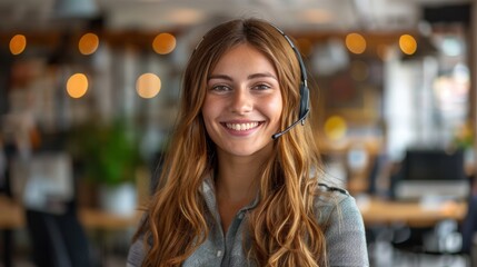A friendly customer service representative with a headset smiles warmly, creating a welcoming and professional atmosphere in an office setting.
