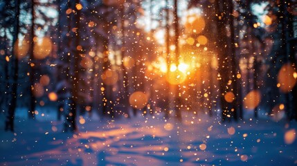 Golden sunlight filters through a snowy forest, creating a beautiful bokeh effect with sparkling snowflakes in a winter wonderland.