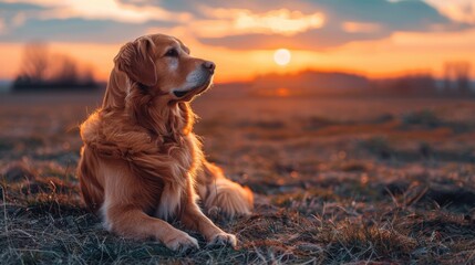 A golden retriever lying in a field, gazing into the distance as the sun sets, casting a warm glow.