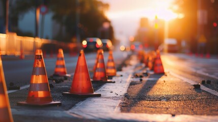 A row of traffic cones lined up on a city street during sunset, with warm sunlight creating a...