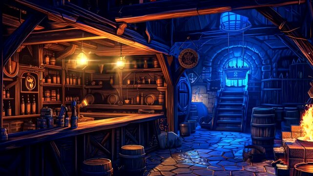 Medieval tavern interior with wooden shelves and candlelight creating a historic atmosphere. Vintage inn concept