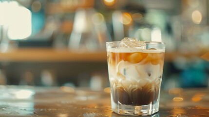 Coffee shot in a glass of milk with ice for making coffee at the counter
