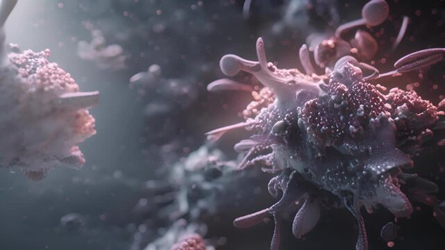 A 3D reconstruction of a macrophage in action releasing enzymes to break down antigens and present them to immune cells.