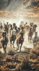 Obraz premium A herd of wild horses galloping through a dusty desert landscape, capturing the essence of untamed freedom and natural beauty.