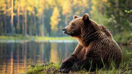 Obraz premium A majestic brown bear sits by a serene forest lake, with the sun casting a warm glow on its fur. Perfect for nature and wildlife themes.