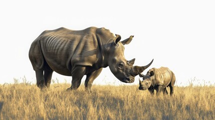 Obraz premium A majestic adult rhinoceros and its calf standing together in an open field, showcasing the beauty of wildlife habitat and family bond.