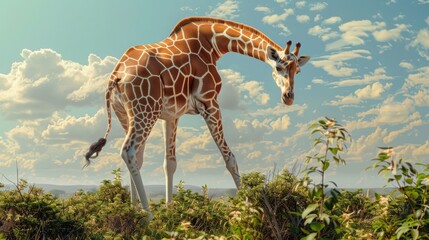 A majestic giraffe grazing on a lush savanna under a clear blue sky with scattered clouds, showcasing the beauty of wildlife and nature.