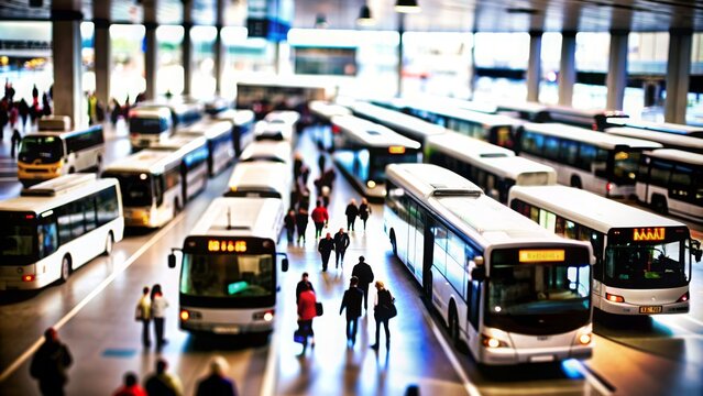 Bus Terminal Blur: A blurred bus terminal with buses and commuters, suitable for public transportation and urban mobility themes.
