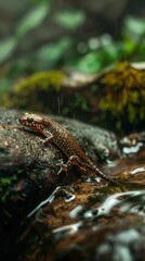 Fototapeta premium A small lizard sitting on a wet rock in the forest, surrounded by moss and foliage. The scene captures a natural habitat.
