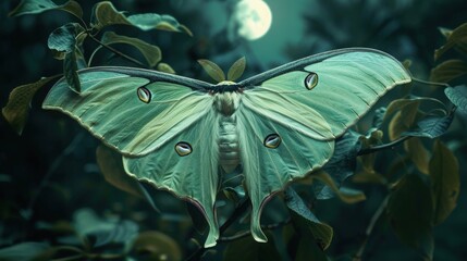 A stunning green moth resting on leaves under the moonlight, showcasing intricate wing details and serene nighttime ambiance.