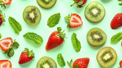 Fototapeta premium A vibrant pattern of kiwi slices, strawberries, and mint leaves on a light green background.
