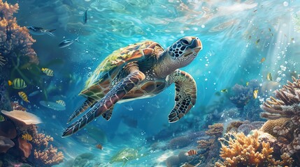 Fototapeta premium A stunning underwater view of a sea turtle swimming through a vibrant coral reef, illuminated by rays of sunlight.
