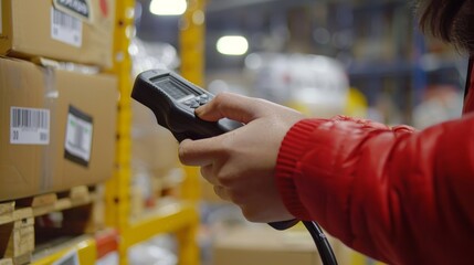A man is holding a barcode scanner in a warehouse