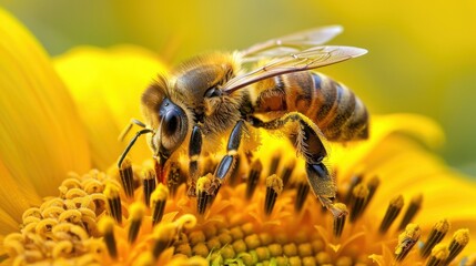 Fototapeta premium Close-up of a honeybee collecting pollen from a vibrant yellow flower. Detailed macro photography of nature's pollinator.