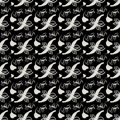 A Floral seamless pattern textile. Hand drawn simple abstract flowers black and white tone. Trendy collage pattern on dark background