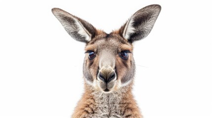 Obraz premium Close-up portrait of a kangaroo against a white background, focusing on its face and expressive eyes, showcasing the beauty of wildlife.