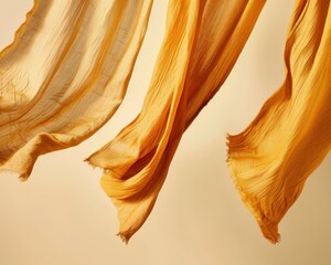 Dynamic Modern Product  Featuring Levitating Mustard Yellow Fabrics with Natural Lighting and Contemporary Style for Fashion Catalog