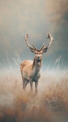 Obraz premium Majestic deer standing in a misty field with large antlers, surrounded by tall grass and a serene, foggy atmosphere.