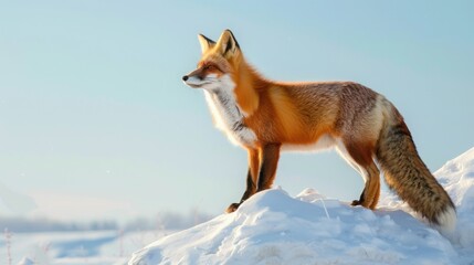 Obraz premium Majestic red fox standing on snowy landscape, exhibiting natural beauty and keen alertness against a clear blue sky.