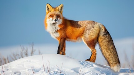 Majestic red fox standing proudly on a snowy mound with a clear blue sky in the background, showcasing its vibrant fur and alert posture.