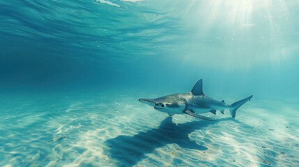 Obraz premium Majestic shark swimming in clear blue ocean water with sunlight streaming down, casting shadows on the sandy ocean floor.