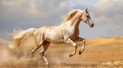 Majestic white horse galloping through the desert with powerful strides, capturing the essence of freedom and strength.