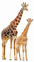 Obraz premium Tall adult giraffe standing next to a young giraffe, captured against a white background to highlight their patterns and majestic presence.