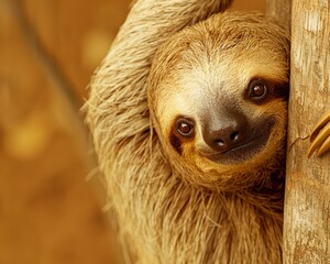 Fototapeta premium Captivated by Uniqueness: Close-Up of a Sloth with Distinctive Facial Marking Hanging Calmly on a Tree Branch