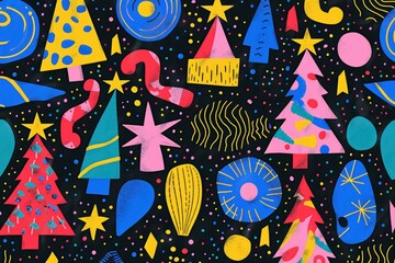 Fototapeta premium Abstract Christmas tree pattern with colorful shapes and stars on a black background.