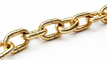 Golden Chain Links, close-up view of interlocking gold chain links against a white background.