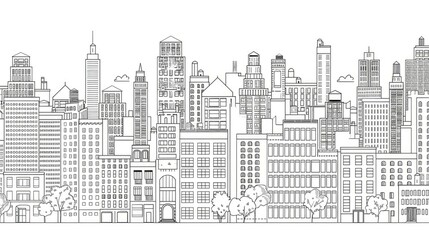 Black and white line art cityscape with trees.