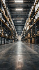 Obraz premium A large, well-organized warehouse with tall shelves filled with neatly stacked boxes and goods, captured in a bright, spacious environment.