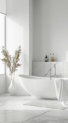Fototapeta premium A modern, minimalistic bathroom with a freestanding bathtub, white decor, natural light, and elegant indoor plants adding a touch of nature.