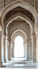 Fototapeta premium Beautiful Islamic architectural design with intricate details of arches and pillars, showcasing exquisite craftsmanship and elegance.