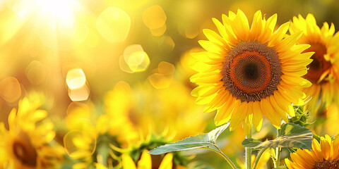 Sunflower on a blurred summer nature background, elegant floral background for greeting card for birthday, fathers day, mother's day