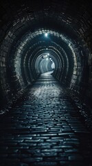 Obraz premium Dimly lit underground tunnel with a cobblestone pathway. Eerie and mysterious atmosphere with arched brick walls creating a sense of depth.