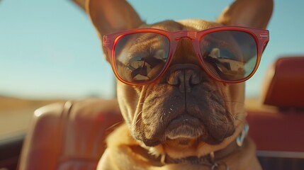 Chill French Bulldog in red sunglasses enjoys sunny car ride seated in a convertible