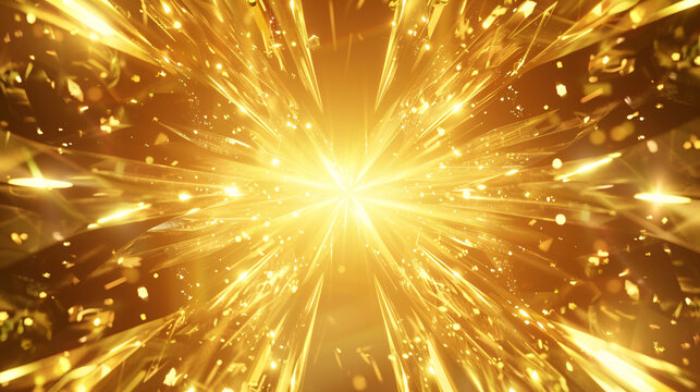 Luxurious golden glowing background with symmetrical crystal shapes and light rays