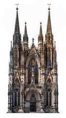 Fototapeta premium Front view of a Gothic-style cathedral with intricate architecture and towering spires against a white background.